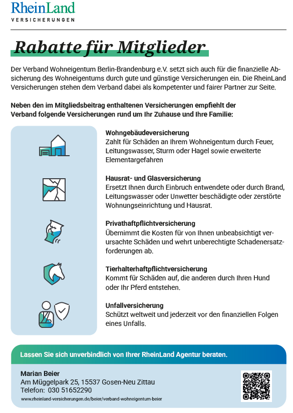 Hier werden die Versicherungen aufgeführt, die man über die RheinLand und einer Mitgliedschaft im Verband zu günstigen Konditionen bekommen kann.