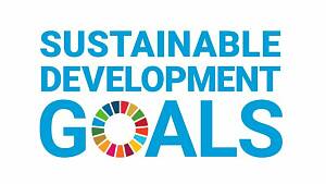 Logo Sustainable Development Goals. Die drei Wörter stehen in blauer Farbe und Großbuchstaben untereinander. Das 