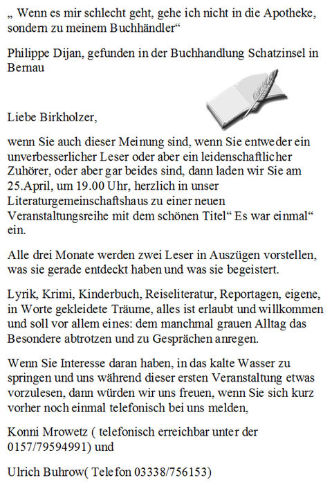 Einladung ins LiteraturgDorfemeinschaftshaus Birkholz