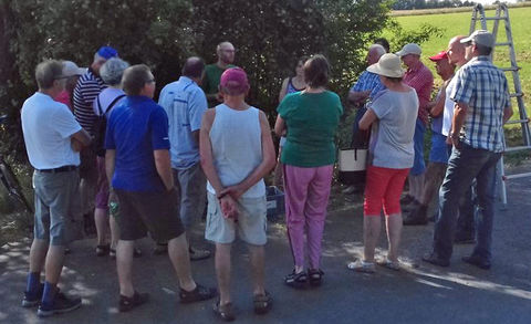 Hochsommerliche Temperaturen zogen die Teilnehmer des Schnittkurses in den Schatten eines Apfelbaumes