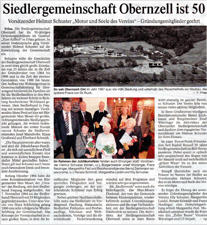 Bericht aus der PNP vom 19.12.2014, Siedlergemeinschaft Obernzell ist 50