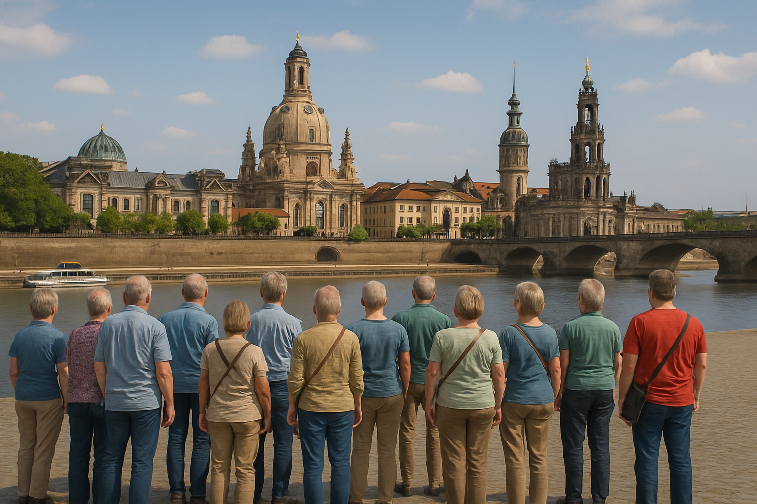 Reisegruppe am Elbufer in Dresden