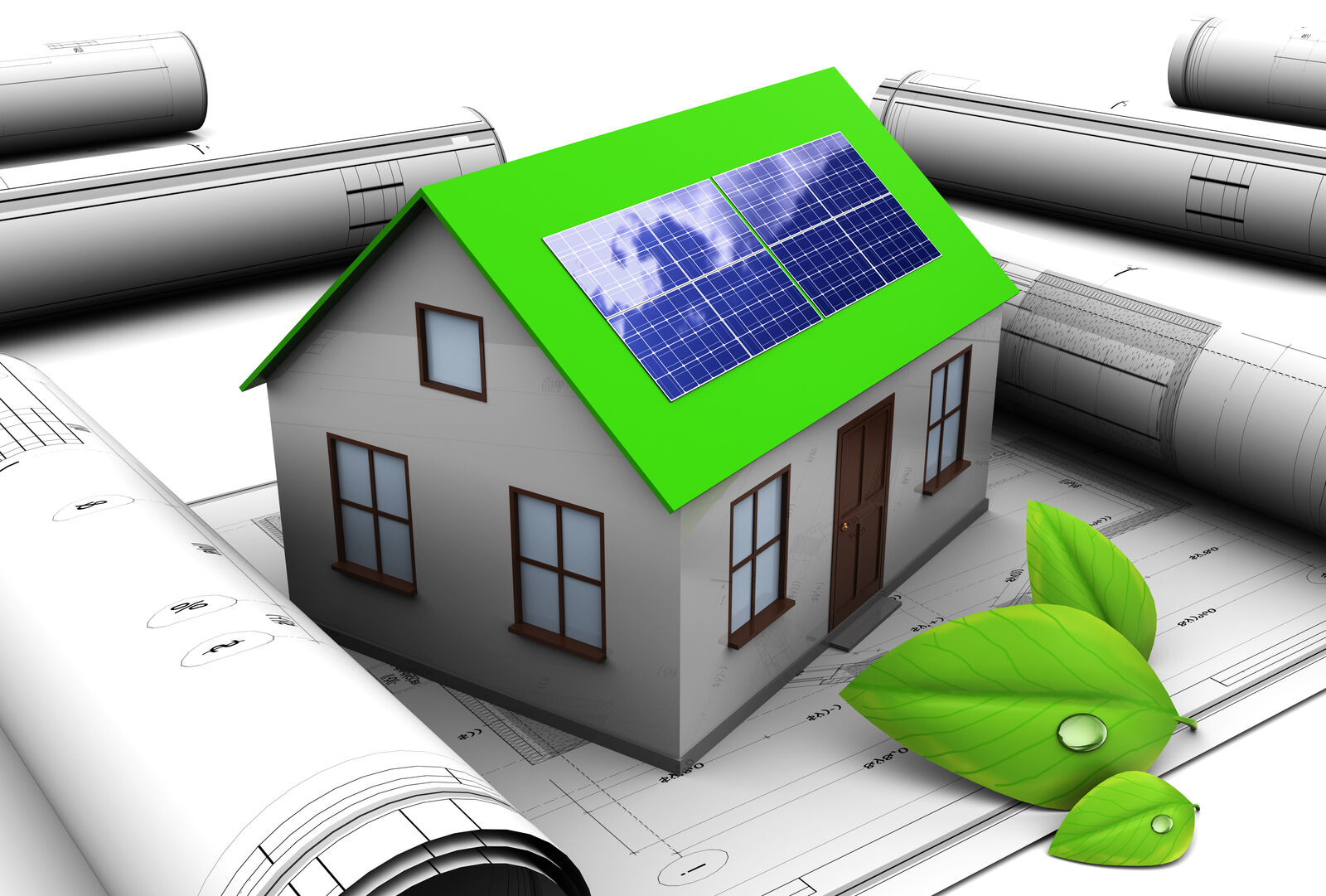Hausmodell mit einem grünen Dach und Solarpanels darauf