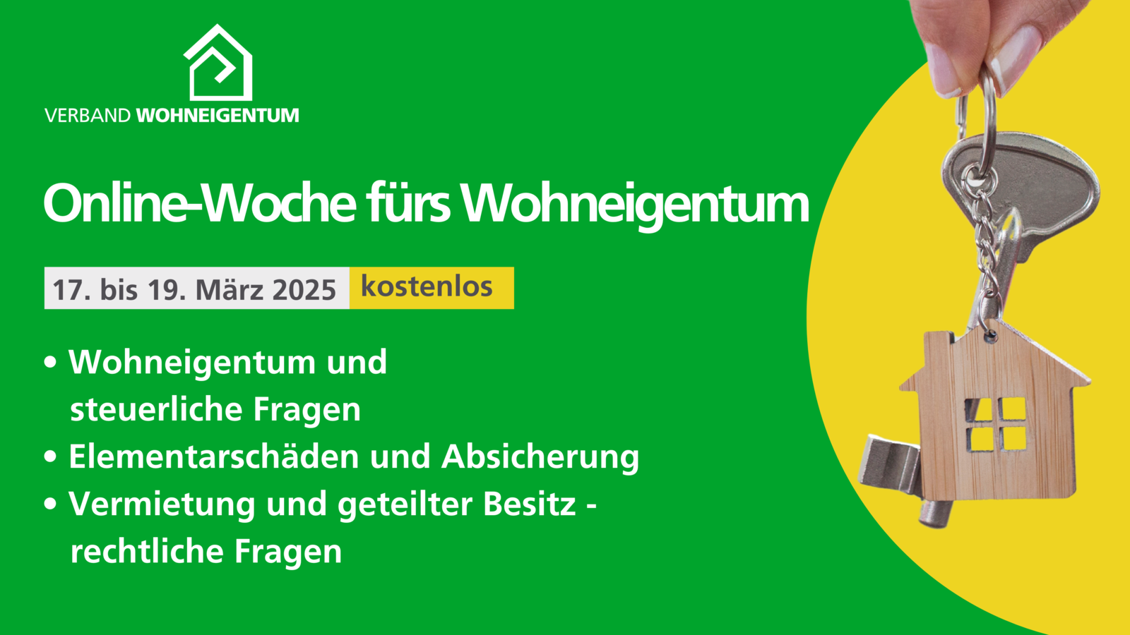 Das Bild zeigt einen Schlüssel mit einem Haus als Anhänger und die Daten für die Online-Infowoche