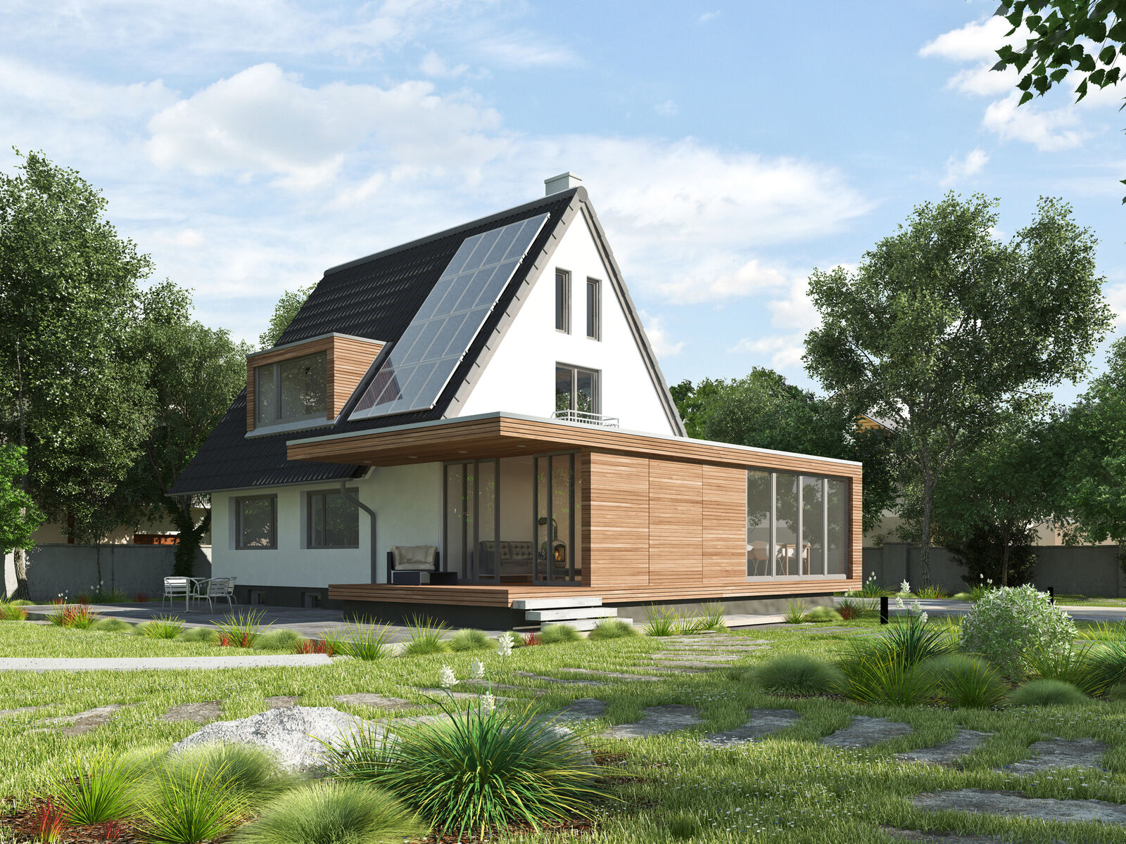 ein modernisiertes Siedlerhaus mit einem kubischen Anbau aus Holz