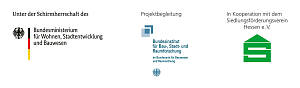 die drei Logos vom Verband Wohneigentum, dem Bundesbauministerium und dem Siedlungsförderungsverein Hessen
