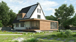 ein modernisiertes Siedlerhaus mit einem kubischen Anbau aus Holz