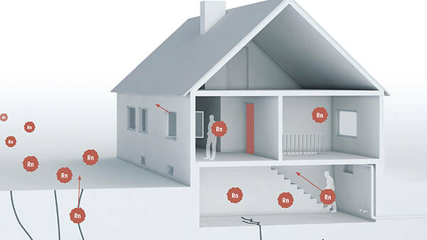 Themenbild: Modell eines Hauses, in das durch den Boden Radon eindringt