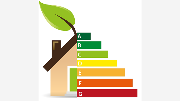 Themenbild: Grafik Haus mit Energieeffizienzklassen