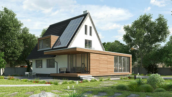 Themenbild: ein modernisiertes Siedlerhaus mit einem kubischen Anbau aus Holz Themenbild: ein modernisiertes Siedlerhaus mit einem kubischen Anbau aus Holz