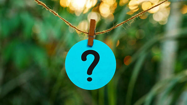 Themenbild: Fragezeichen hängt vor Gartenhintergrund an Kordel