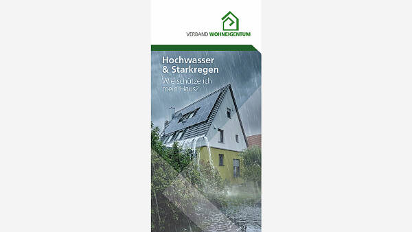 Themenbild: Titel des Folders "Hochwasser & Starkregen - wie schütze ich mein Haus?"