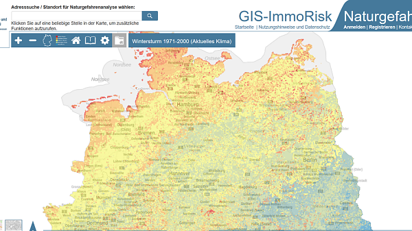 Themenbild: Ausschnitt einer Deutschlandkarte mit Symbolen und farbigen Markierungen, die extremes Wetter anzeigen.