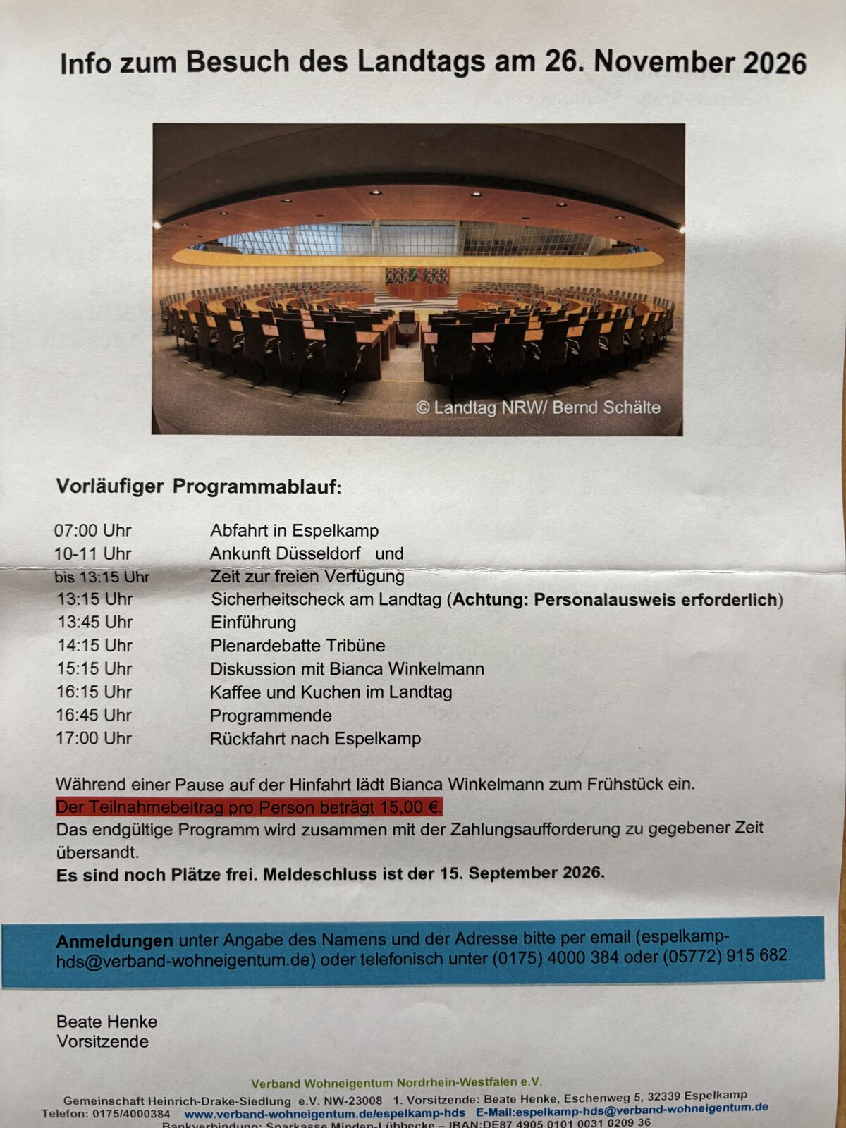 Einladung zum Besuch des Landtags in Düsseldorf