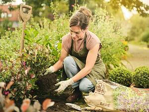 Frau pflanzt Erde in den Garten