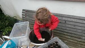 Kind bereitet kleine Töpfchen für die Aussaat vor