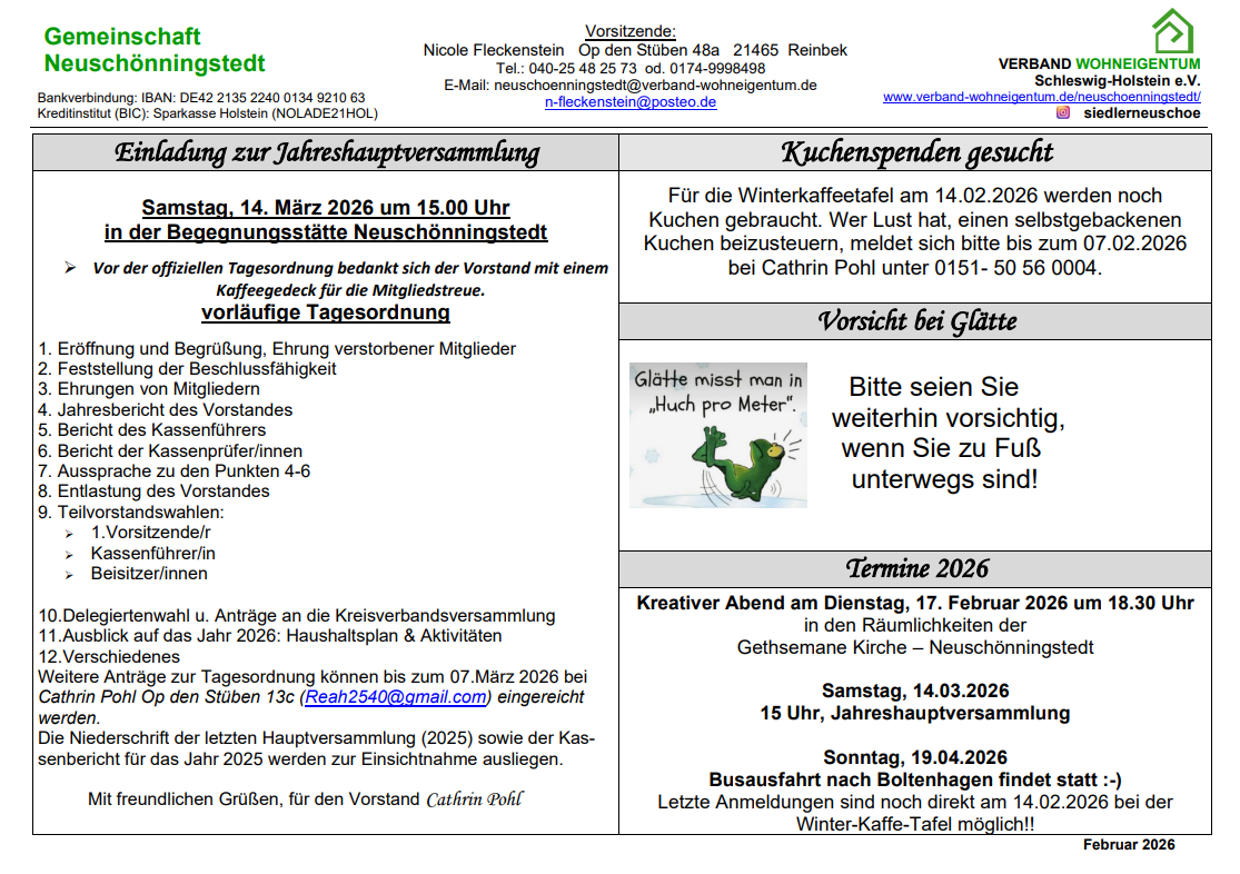 Einladung Jahreshauptversammlung 2026, Kuchenspenden, Glätte, Termine 2026