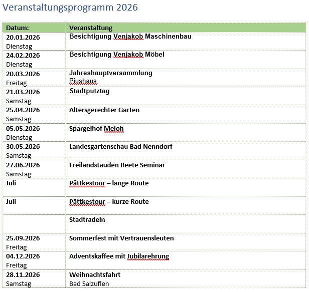 Veranstaltungsübersicht für das Jahr 2026