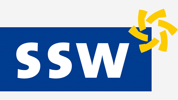 Themenbild: Logo der Partei SSW: weiße Schrift, gelbe Sonne auf blauem Grund