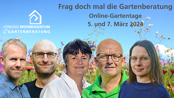Themenbild: fünf freundlich lächelnde Berater vor einer Blumenwiese