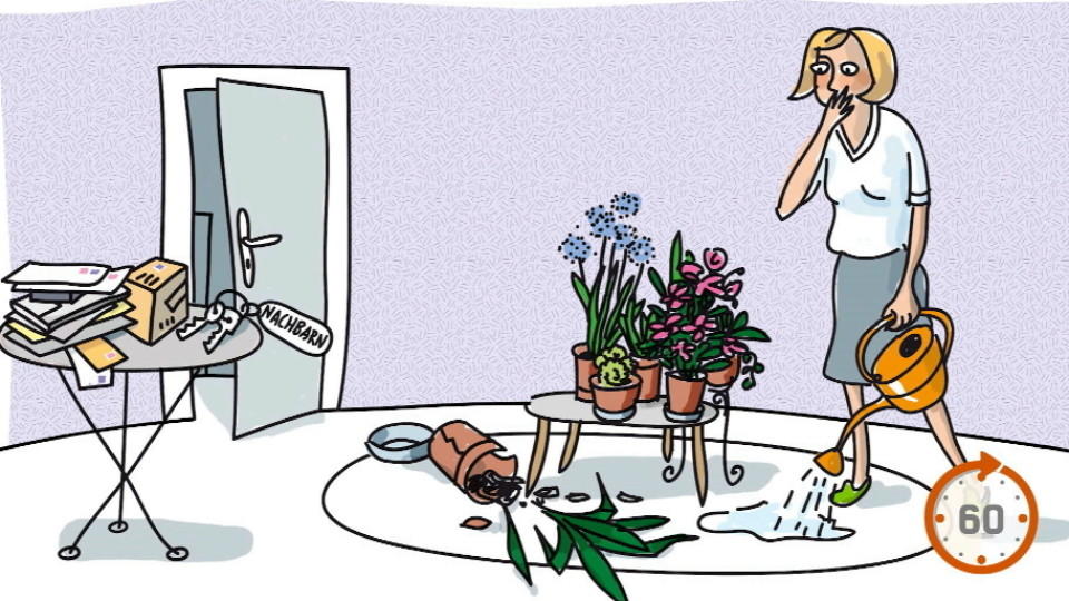 Karikatur Frau mit Gießkanne und heruntergefallenen Blumentopf