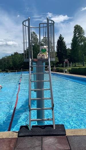 Maskottchen Bärbel auf der Rutsche im Freibad