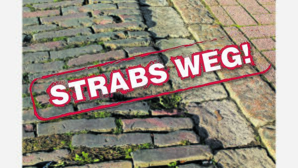 Themenbild: gepflasterte Straße mit Aufschrift Strabs weg!
