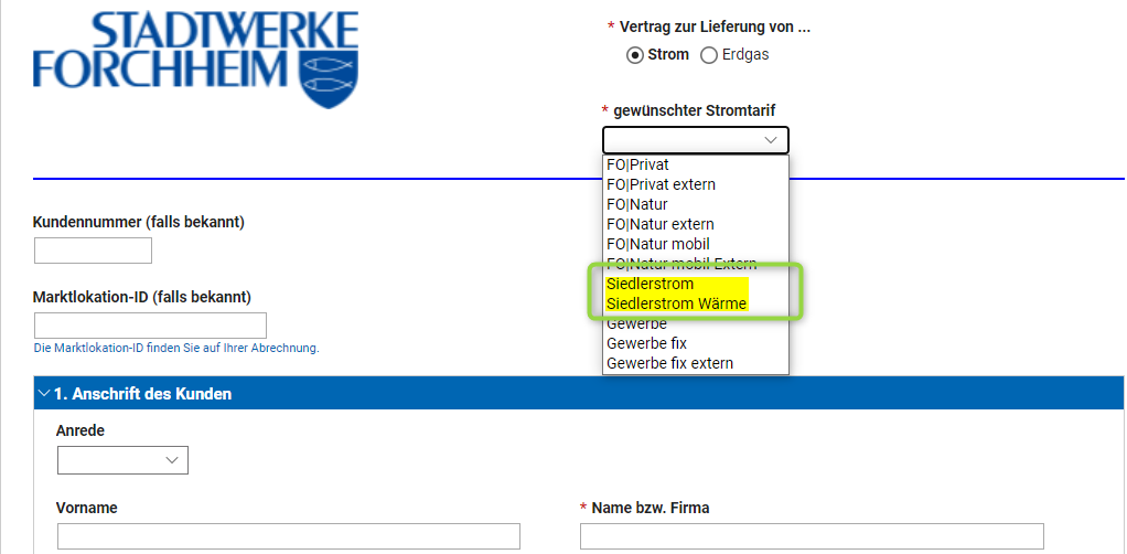 Beispiel der Online-Antragsmaske