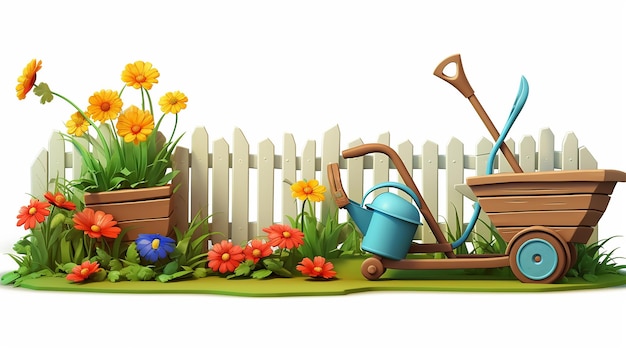 gartenlandschaft mit werkzeugwagen