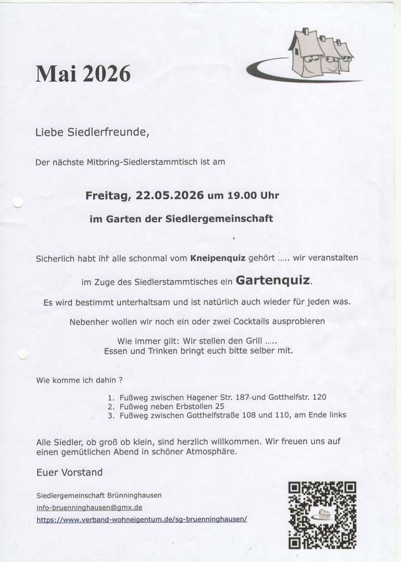 Einladung Mitbringsiedlerstammtisch Mai 2026