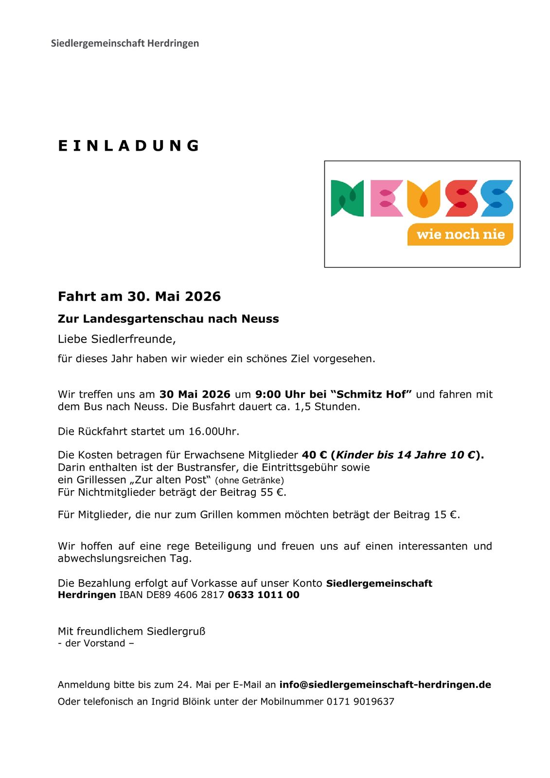 Einladung Siedlerfahrt Neuss