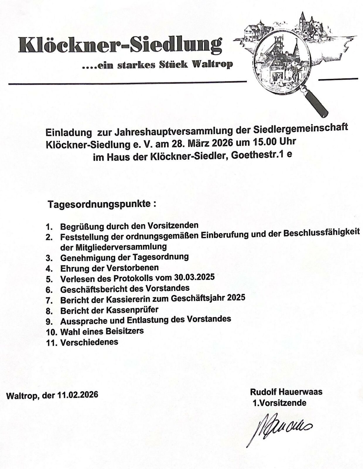 Jahreshauptversammlung der waltroper Siedlergemeinschaft 2026