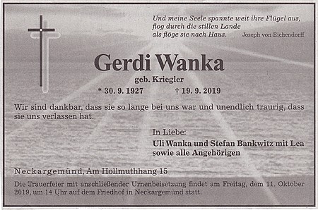 Todesanzeige Gerdi Wanka