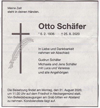 Otto Schäfer verstarb am 25.08.2020