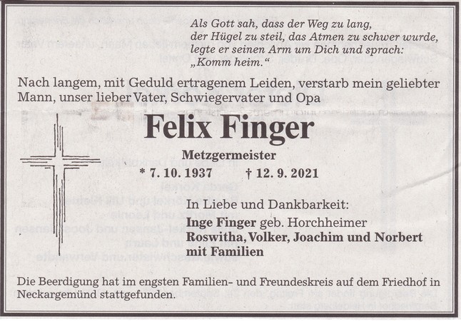 Felix Finger 07.10.1934 - 12.09.2021