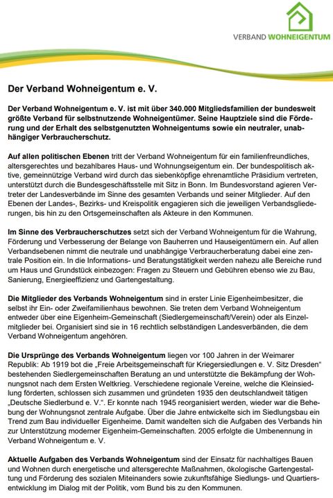 Infos zum Bundesverband des Verbandes Wohneigentum