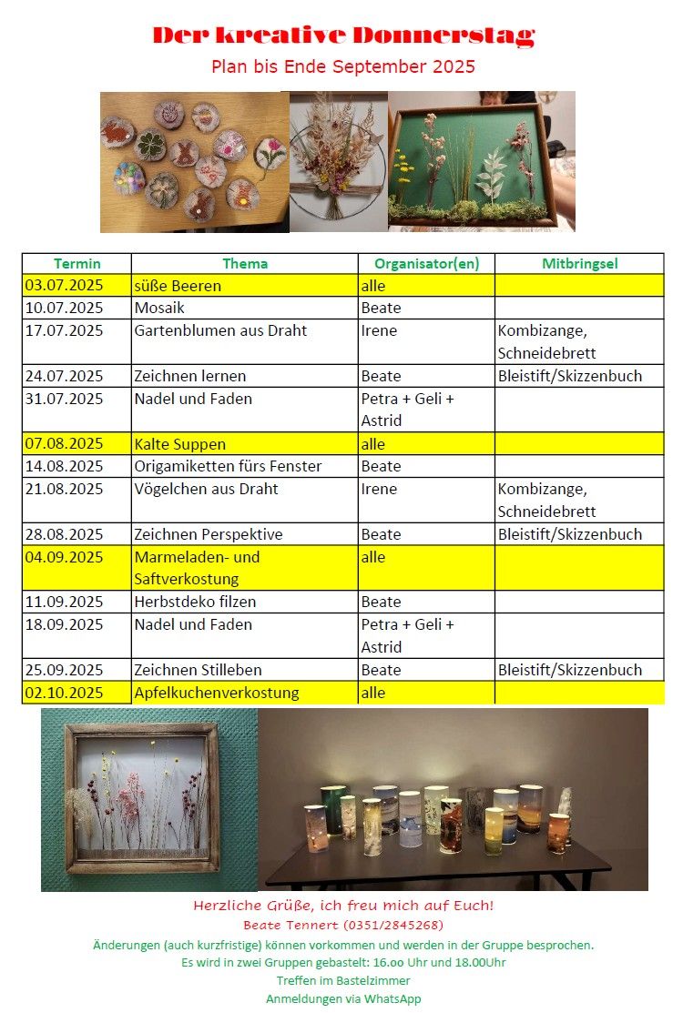 Plan kreativer Donnerstag - 3. Quartal 2025
