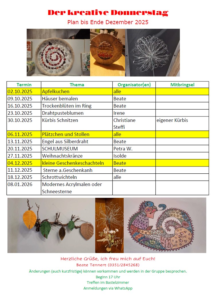 Plan kreativer Donnerstag - 4. Quartal 2025