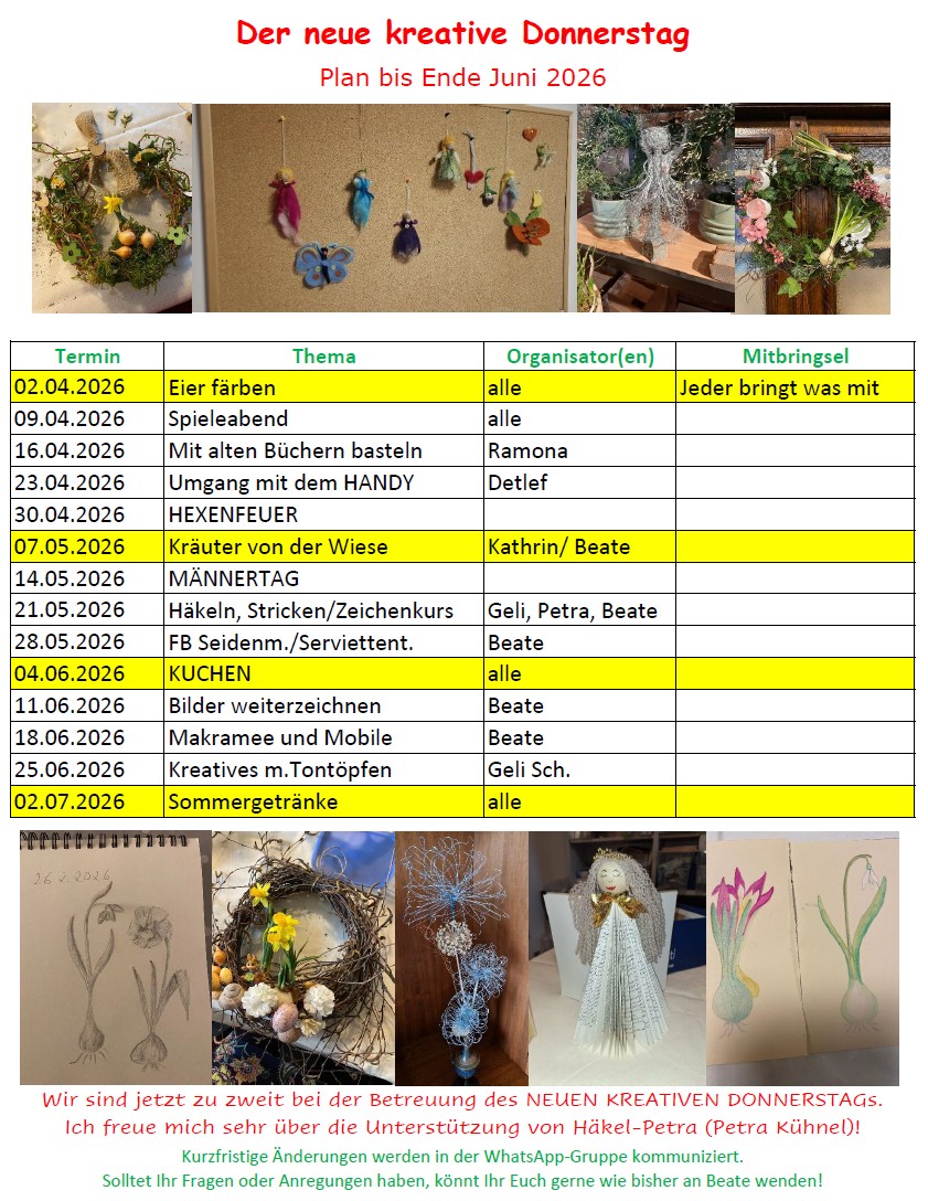 Plan kreativer Donnerstag - 2. Quartal 2026