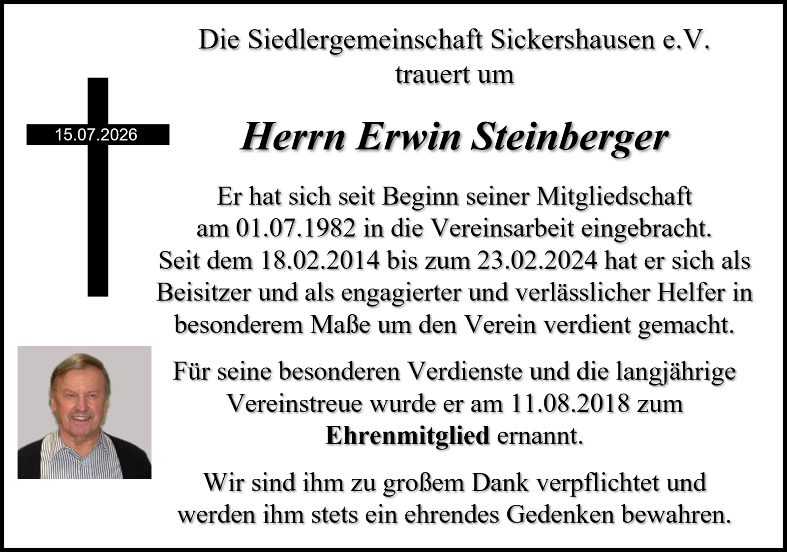 Traueranzeige Erwin Steinberger +15.07.2026