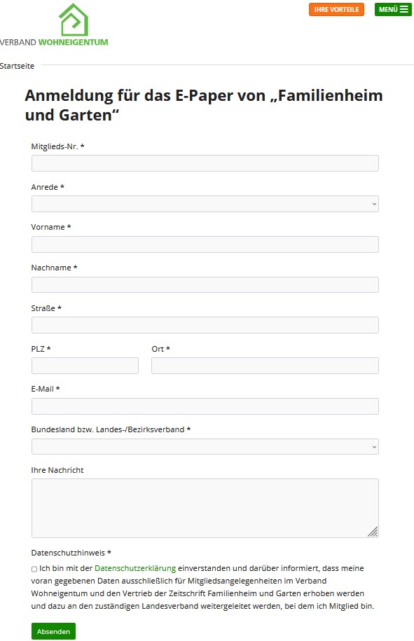 Anmeldung für das E-Paper von „Familienheim und Garten“