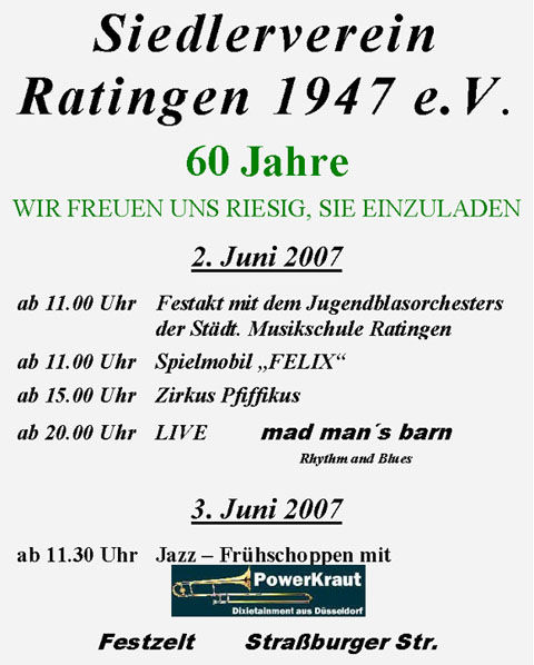 Einladung 60 Jahre Siedlerverein Ratingen 1947 e.V.